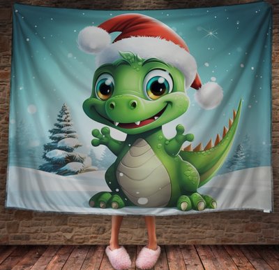Плед з 3D принтомРіздвяний Дракончик в шапці Санта Клауса , Рік Дракона _004 2026837840 фото