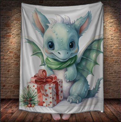 Плед з 3D принтом Різдвяний Дракончик малюк з подарунками , Рік Дракона _002 2026837899 фото