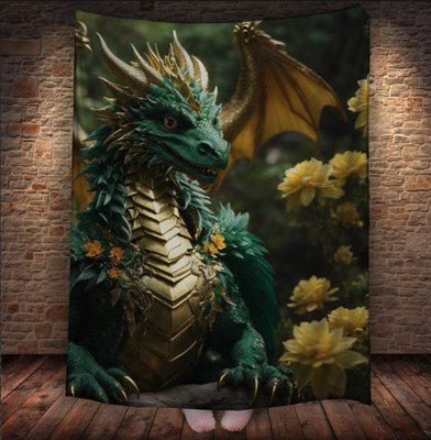 Плед з 3D принтом Реальні великі дракони. Зелений лісовий дракон в золотій броні _1 2048860056 фото