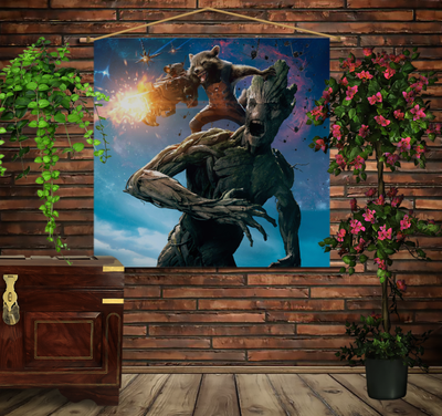 Мобільна картина-постер (гобелен)на тканині з 3D з принтом Грут і Ракета-Вартові Галактики 1284497890 фото