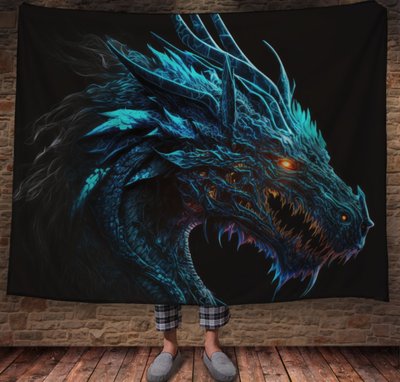 Плед з 3D принтом Реальні великі дракони. Синій дракон з палаючими очима 2048860006 фото