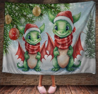 Плед з 3D принтом Різдвяні Дракончики в шапці Санта Клауса, Рік Дракона _001 2026837801 фото