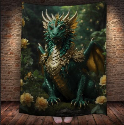 Плед з 3D принтом Реальні великі дракони. Зелений лісовий дракон в золотій броні _2 2048860057 фото