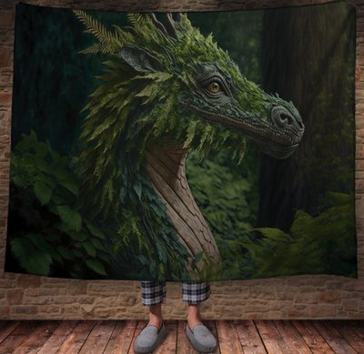 Плед з 3D принтом Реальні великі дракони. Зелений лісовий дракон з листям папороті 2048860007 фото