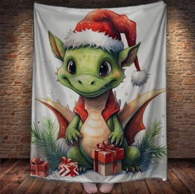 Плед з 3D принтом Різдвяний Дракончик з подарунками в шапці Санта Клауса, Рік Дракона _001 2026837802 фото