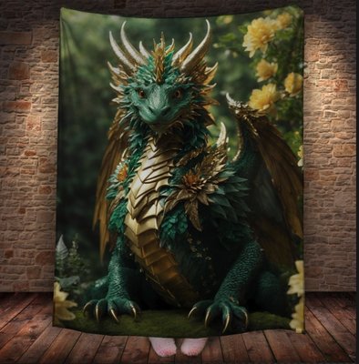 Плед з 3D принтом Реальні великі дракони. Зелений лісовий дракон в золотій броні _3 2048860058 фото