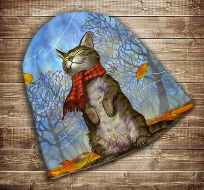 Шапка з 3D принтом-Котик в шарфі Всі розміри, всі сезони. 1287280961 фото