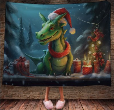 Плед з 3D принтом Різдвяний Дракончик зі свічками в шапці Санта Клауса, Рік Дракона _029 2026837853 фото