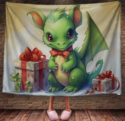 Плед з 3D принтом Різдвяний Дракончик малюк з подарунками , Рік Дракона _003 2026837903 фото