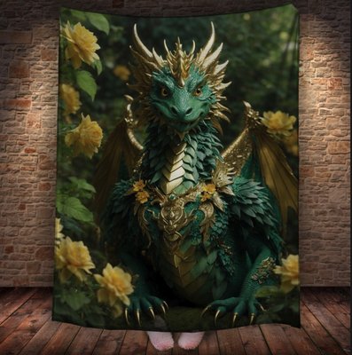 Плед з 3D принтом Реальні великі дракони. Зелений лісовий дракон в золотій броні _4 2048860059 фото