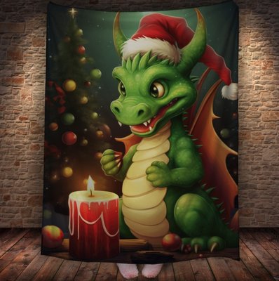 Плед з 3D принтом Різдвяний Дракончик зі свічкою в шапці Санта Клауса, Рік Дракона 2026837804 фото