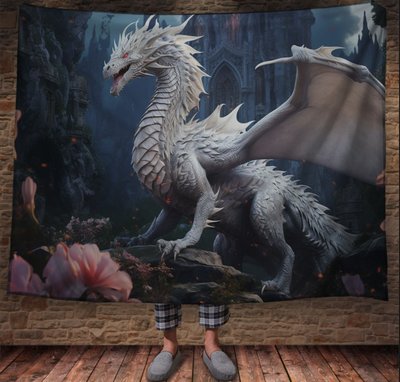 Плед з 3D принтом Реальні великі дракони. Білий дракон на фоні замку 2048860009 фото