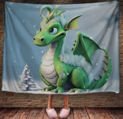 Плед з 3D принтом зелений дракон в снігу , Рік Дракона _004 2026837904 фото