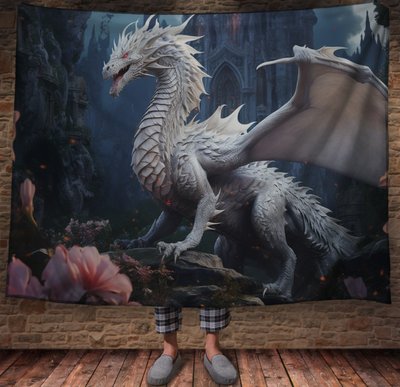 Плед з 3D принтом Реальні великі дракони. Білий дракон на фоні замку 2048860010 фото
