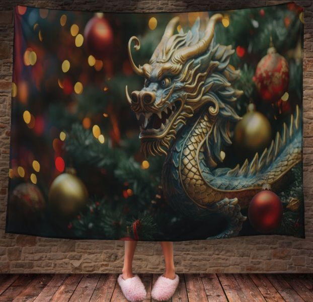 Плед з 3D принтом зелений китайський дракон, Рік Дракона _001 2026837905 фото