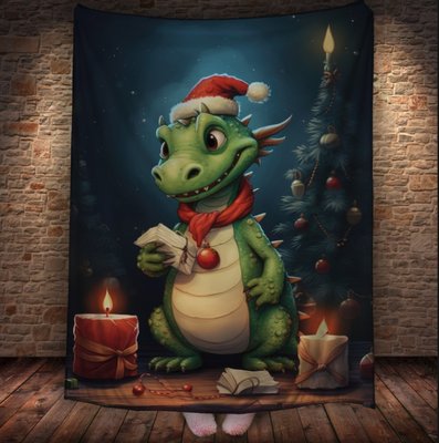 Плед з 3D принтом Різдвяний Дракончик зі свічками в шапці Санта Клауса, Рік Дракона _003 2026837806 фото