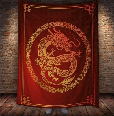 Плед з 3D принтом китайський Дракон - Золотий дракон орнамент на червоному фоні 2033382651 фото