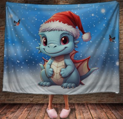 Плед з 3D принтом Різдвяний Дракончик малюк та снігурі 2026837908 фото