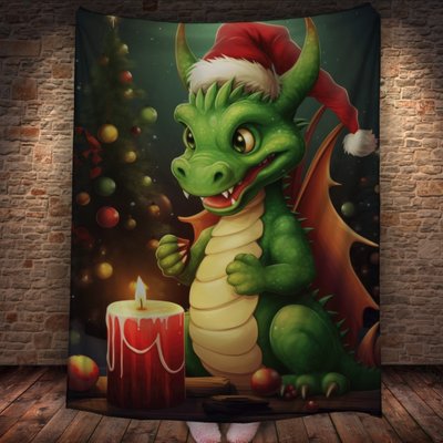 Плед з 3D принтом Різдвяний Дракончик зі свічками в шапці Санта Клауса, Рік Дракона _031 2026837858 фото