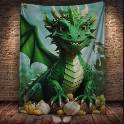 Плед з 3D принтом Реальні великі дракони. Зелений дракончик з крилами _1 2048860046 фото