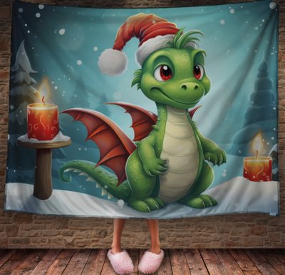 Плед з 3D принтом Різдвяний Дракончик зі свічками в шапці Санта Клауса, Рік Дракона _017 2026837841 фото