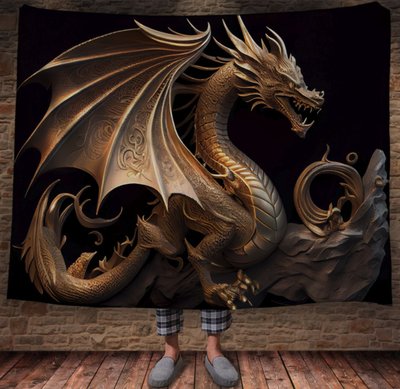 Плед з 3D принтом Реальні великі дракони. Скульптура золотого дракона 2048859996 фото