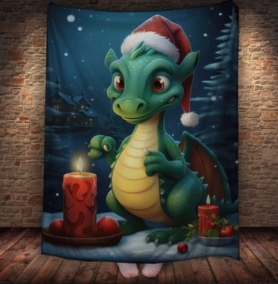 Плед з 3D принтом Різдвяний Дракончик зі свічками в шапці Санта Клауса, Рік Дракона _006 2026837809 фото