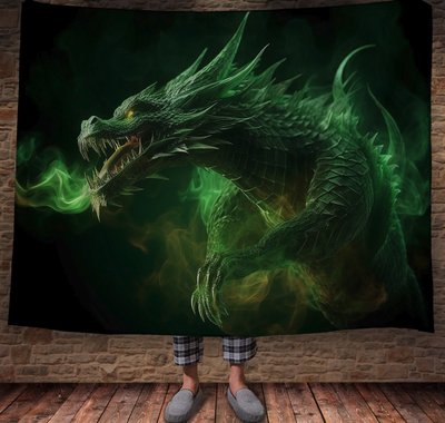 Плед з 3D принтом Реальні великі дракони. Зелений неоновий дракон 2048860014 фото