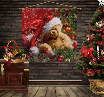 Мобільна картина-постер (гобелен)на тканині з 3D з принтом на тему Різдво. Різдвяний ведмедик Тедді 1369577685 фото