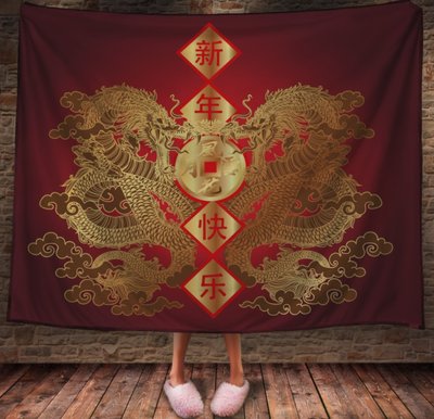 Плед з 3D принтом китайський червоний Дракон з ієрогліфами на бежевому фоні _002 2033382653 фото