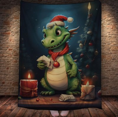 Плед з 3D принтом Різдвяний Дракончик зі свічками в шапці Санта Клауса, Рік Дракона _033 2026837860 фото