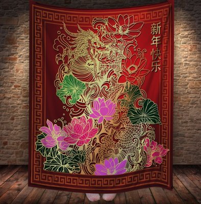 Плед з 3D принтом китайський Дракон з квітами. Золотий орнамент на червоному фоні 2033382654 фото