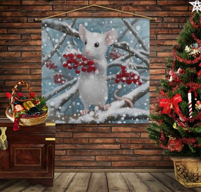 Мобільна картина-постер (гобелен)на тканині з 3D з принтом Зимова мишка і калина 1282332065 фото