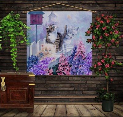 Мобільна картина-постер (гобелен)на тканині з 3D з принтом на тему: Котики на паркані з бузком 1369581491 фото