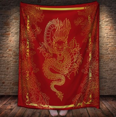 Плед з 3D принтом китайський Дракон - Золоті Дракони на червоному фоні _003 2033382656 фото