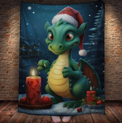 Плед з 3D принтом Різдвяний Дракончик зі свічками в шапці Санта Клауса, Рік Дракона _035 2026837863 фото