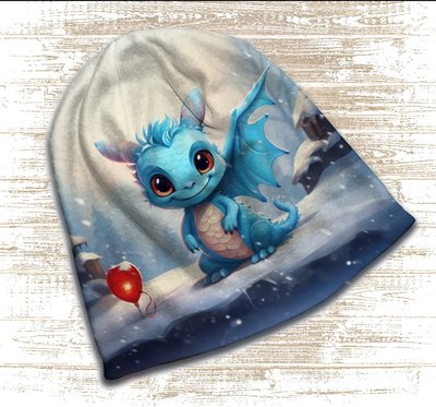 Шапка з 3D принтом - Маленький блакитний дракончик в снігу. Всі розміри, всі сезони. 2048853023 фото