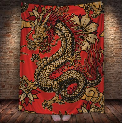 Плед з 3D принтом китайський Дракон - чорно золотий в квітах на червоному фоні _001 2033382657 фото
