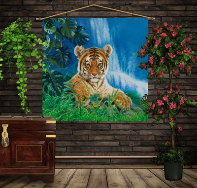 Мобільна картина-постер (гобелен)на тканині з 3D з принтом на тему: Тигр, листя монстери і водоспад 1369583565 фото