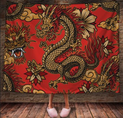 Плед з 3D принтом китайський Дракон - чорно золотий в квітах на червоному фоні _002 2033382658 фото