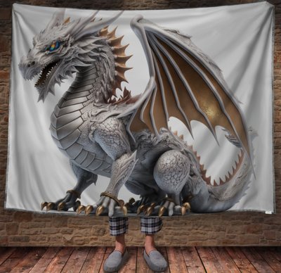 Плед з 3D принтом Реальні великі дракони. Біло-золотий дракон на білому фоні 2048860020 фото