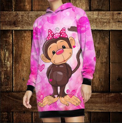 Плаття худі з капюшоном і з 3D принтом: Веселі мавпочки Рожевий 2. Дорослі і Дитячі розміри 1407263465 фото