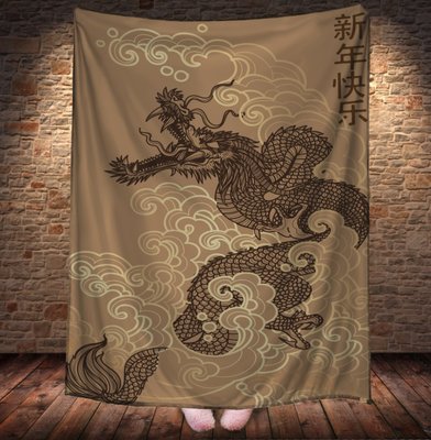 Плед з 3D принтом Дракон в стилі Street Art - Китайський Дракон на бежевому фоні з золотим орнаментом 2033362922 фото