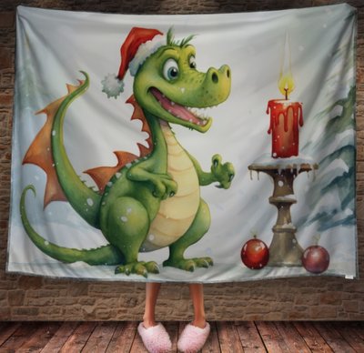 Плед з 3D принтом Різдвяний Дракончик зі свічками в шапці Санта Клауса, Рік Дракона _018 2026837842 фото