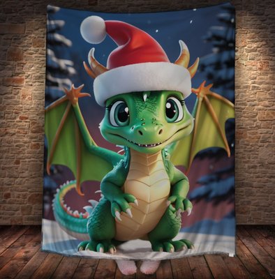 Плед з 3D принтом Різдвяний Дракончик з крилами вшапці Санта Клауса, Рік Дракона _001 2026837820 фото