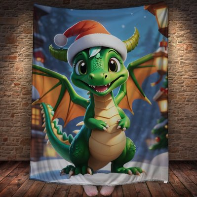 Плед з 3D принтом Різдвяний Дракончик з крилами вшапці Санта Клауса, Рік Дракона _002 2026837821 фото