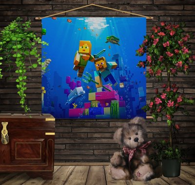 Мобільна картина-постер (гобелен)на тканині з 3D з принтом Майнкрафт підводний світ 1282188313 фото