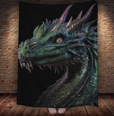 Плед з 3D принтом Реальні великі дракони. Зелений дракон з рогами 2048860077 фото