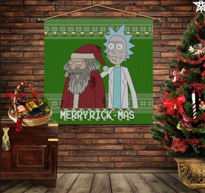 Мобільна картина-постер (гобелен)на тканині з 3D з принтом Різдвяні Рік і Морті з пивом 1282315013 фото