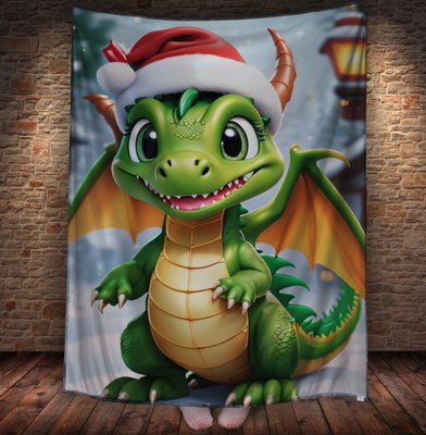Плед з 3D принтом Різдвяний Дракончик в шапці Санта Клауса , Рік Дракона _007 2026837874 фото